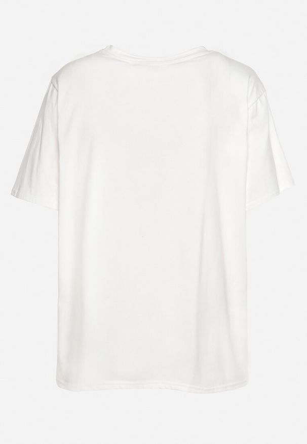 Born2be - Biały Klasyczny Bawełniany T-shirt z Krótkim Rękawem z Nadrukiem Ozdobiony Perełkami Tiavenna. Okazja: na co dzień. Kolor: biały. Materiał: bawełna. Długość rękawa: krótki rękaw. Długość: krótkie. Wzór: nadruk, aplikacja. Styl: klasyczny