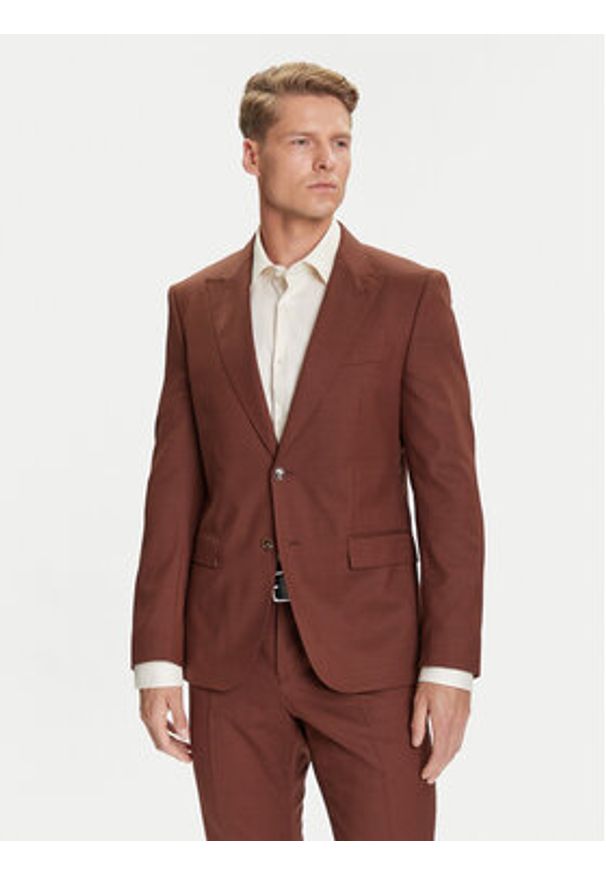 BOSS Garnitur H-Huge 50546080 Brązowy Slim Fit. Kolor: brązowy. Materiał: wełna