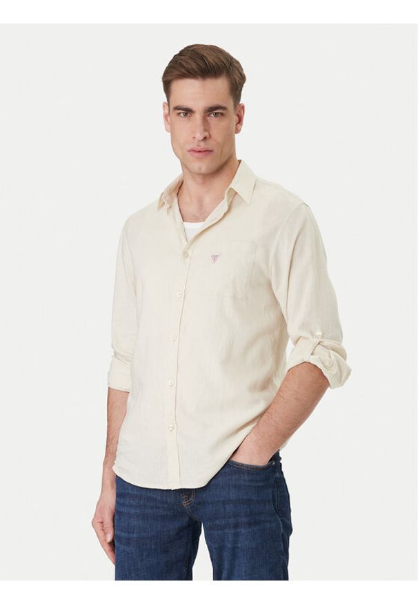 Guess Koszula F6GH06 WG3L0 Beżowy Regular Fit. Kolor: beżowy. Materiał: len