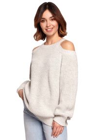 MOE - Luźny Sweter z Wycięciami na Ramionach - Popielaty. Kolor: szary. Materiał: akryl