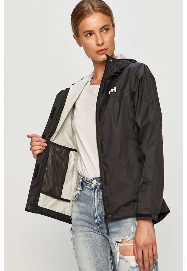 Helly Hansen - Kurtka przeciwdeszczowa. Okazja: na co dzień. Kolor: czarny. Materiał: materiał. Wzór: nadruk. Styl: casual