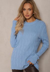 Renee - Niebieski Sweter z Wiskozą Ozdobiony Tłoczeniem Savra. Okazja: na randkę, na co dzień. Kolor: niebieski. Materiał: wiskoza. Wzór: aplikacja. Styl: casual, elegancki #3