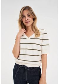 MOODO - Bluza w paski z krótkimi rękawami ecru. Materiał: bawełna, elastan. Długość rękawa: krótki rękaw. Długość: krótkie. Wzór: paski