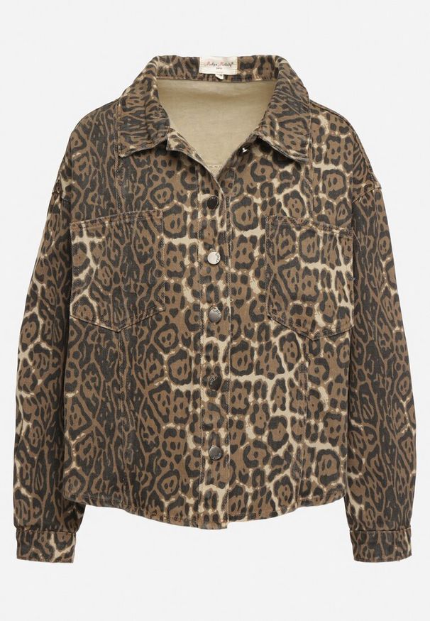 Born2be - Brązowa Kurtka Jeansowa o Koszulowym Kroju w Panterkowy Print Cesina. Kolor: brązowy. Materiał: jeans. Długość rękawa: długi rękaw. Długość: długie. Wzór: nadruk. Styl: klasyczny, elegancki