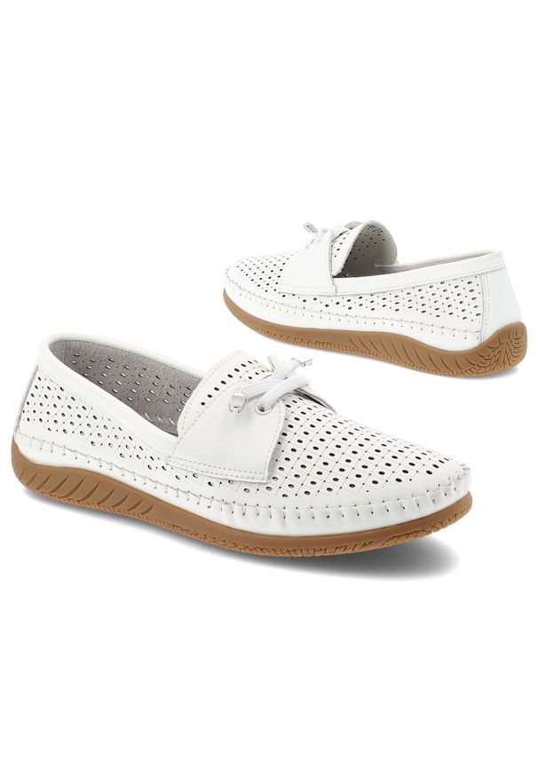 Półbuty damskie Vinceza, cholewka ze skóry naturalnej licowej z perforacją wsuwany fason z ozdobnym wiązaniem, białe, 93217. Kolor: biały. Materiał: skóra. Szerokość cholewki: normalna