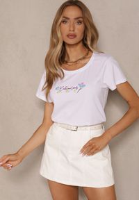 Renee - Biały T-shirt z Bawełny z Nadrukiem Zarive. Okazja: na co dzień. Kolor: biały. Materiał: bawełna. Wzór: nadruk. Styl: casual