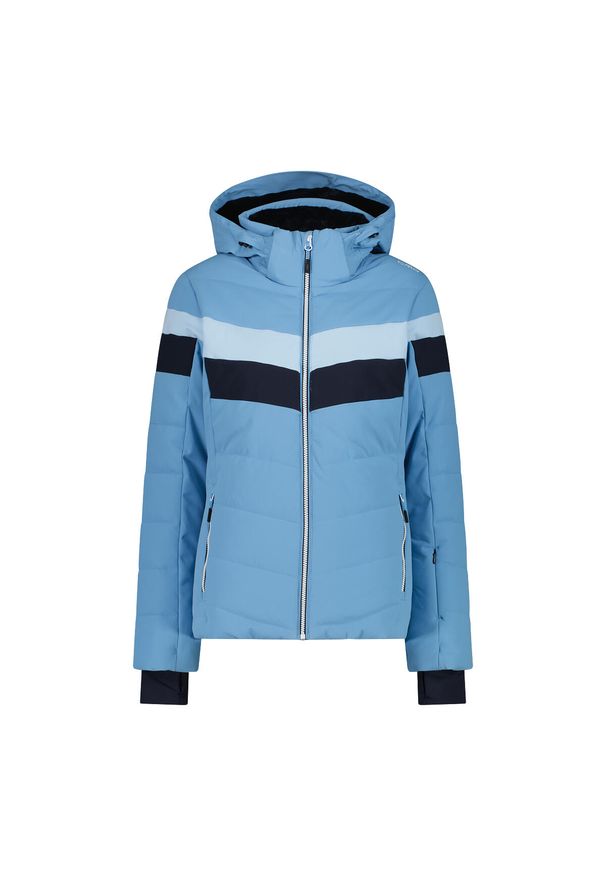 Kurtka puchowa damska z kapturem i zamkiem CMP. Typ kołnierza: kaptur. Kolor: niebieski. Materiał: puch. Sezon: zima. Sport: narciarstwo