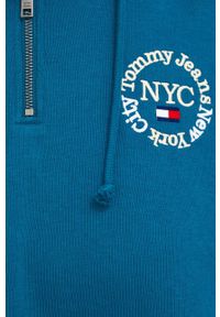Tommy Jeans bluza DW0DW13570.9BYY damska kolor turkusowy z kapturem z aplikacją. Typ kołnierza: kaptur. Kolor: turkusowy. Materiał: bawełna, dzianina. Długość rękawa: długi rękaw. Długość: krótkie. Wzór: aplikacja #6