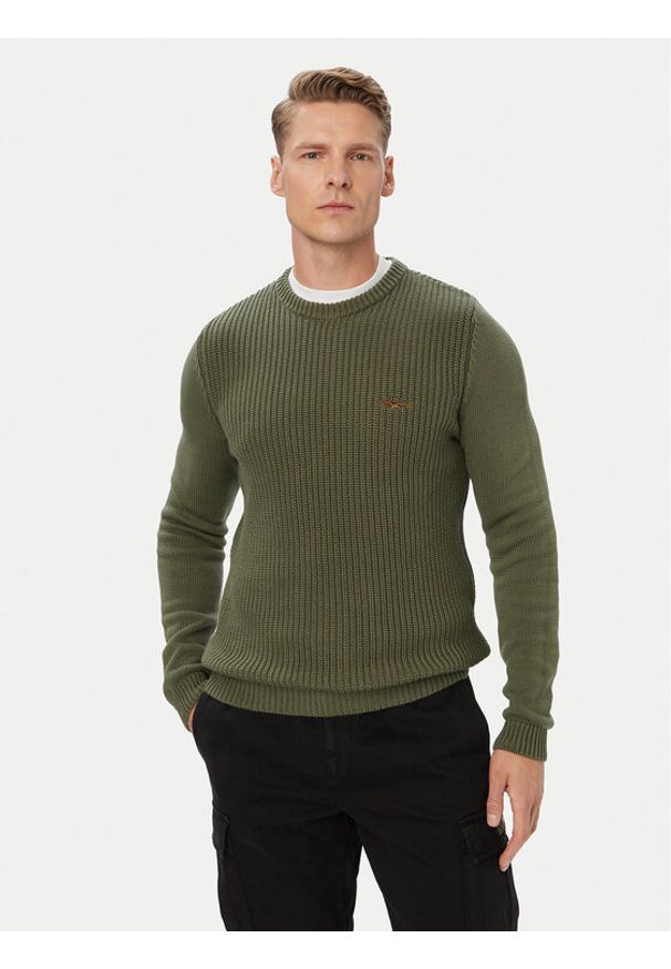 Aeronautica Militare Sweter 262MA1571UL00409 Khaki Regular Fit. Kolor: brązowy. Materiał: bawełna