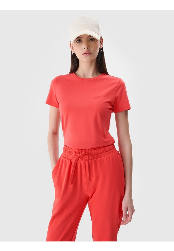 4f - 4F T-shirt slim gładki damski - czerwony L. Okazja: na co dzień. Kolor: czerwony. Materiał: dzianina, bawełna, jersey, materiał, elastan. Długość rękawa: krótki rękaw. Długość: krótkie. Wzór: gładki. Sezon: lato. Styl: klasyczny, sportowy, casual