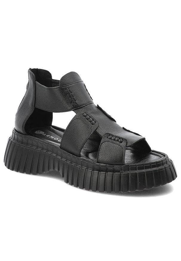 Sandały damskie Armodo, skórzane eleganckie rzymianki na grubej podeszwie z zakrytą piętą, czarne, 1510-1269. Okazja: na co dzień. Zapięcie: rzepy. Kolor: czarny. Materiał: skóra. Wzór: paski. Sezon: lato. Styl: elegancki