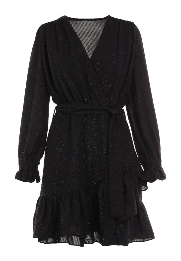 Born2be - Czarna Sukienka Pronynome. Kolor: czarny. Materiał: tkanina, guma. Wzór: aplikacja. Typ sukienki: kopertowe. Długość: mini