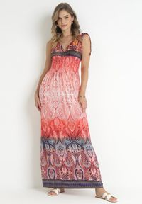 Born2be - Czerwona Rozkloszowana Sukienka Maxi z Cienkimi Gumkami w Pasie i Kopertowym Dekoltem Clothilda. Typ kołnierza: dekolt kopertowy. Kolor: czerwony. Sezon: wiosna, lato. Typ sukienki: kopertowe. Długość: maxi #1