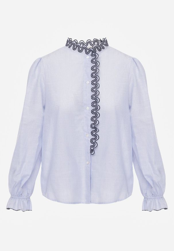 Born2be - Niebieska Koszula z Bawełny Ozdobiona Haftowaną Falbanką Zenatia. Okazja: na co dzień. Kolor: niebieski. Materiał: bawełna. Wzór: aplikacja, haft. Styl: elegancki, klasyczny, casual