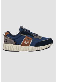 Aeronautica Militare - AERONAUTICA MILITARE Granatowe męskie sneakersy AM23, Rozmiar 44. Okazja: na co dzień. Kolor: niebieski. Materiał: zamsz, tkanina. Wzór: haft, nadruk