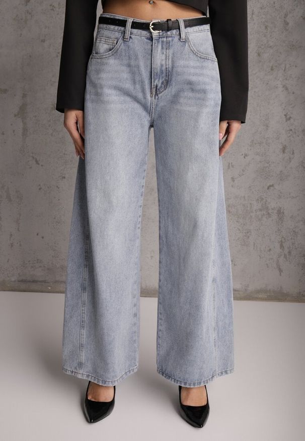 Renee - Niebieskie Jeansy Wide Leg z Bawełną i Wiskozą Zdobione Przeszyciami Hariola. Okazja: na co dzień. Stan: podwyższony. Kolor: niebieski. Wzór: aplikacja. Styl: casual, klasyczny