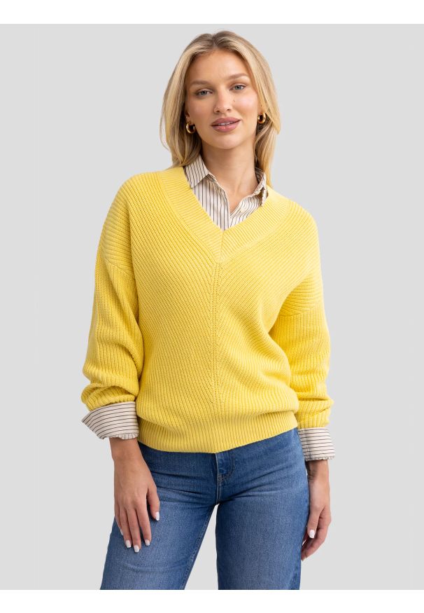 Big-Star - Sweter damski z wiskozy z dekoltem v-neck żółty Cyntiana 200. Kolor: żółty. Materiał: wiskoza. Styl: vintage, klasyczny, elegancki