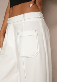 Renee - Białe Szerokie Spodnie High Waist z Wiskozą z Ozdobnymi Przeszyciami Linadia. Okazja: na co dzień. Stan: podwyższony. Kolor: biały. Materiał: wiskoza. Wzór: aplikacja. Styl: casual, elegancki #3
