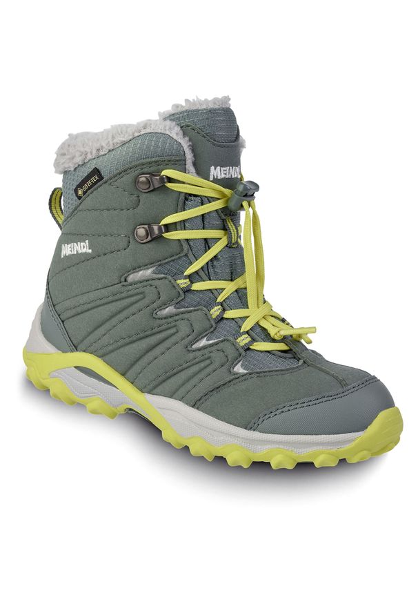 Buty zimowe dziecięce MEINDL Calgary Junior GTX, z membraną Gore-Tex. Kolor: zielony. Technologia: Gore-Tex. Sezon: zima
