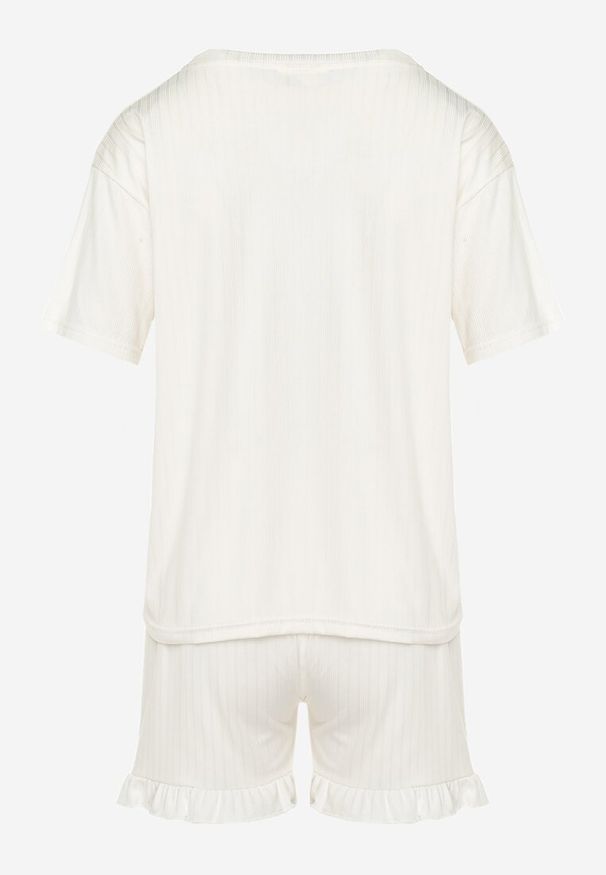 Born2be - Jasnobeżowy Komplet Piżamowy Koszulka z Nadrukiem i Szorty z Falbanką Sylvoria. Kolor: beżowy. Wzór: nadruk