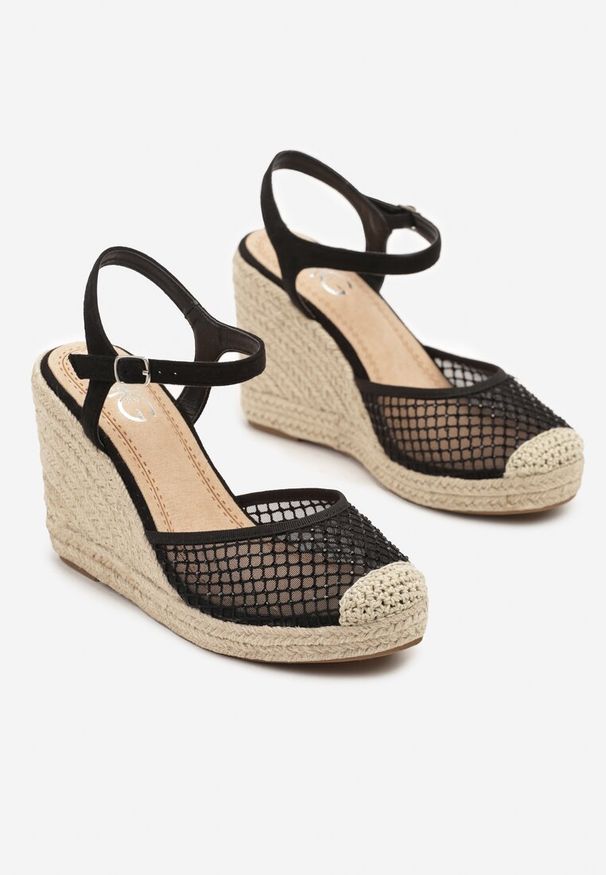 Born2be - Czarne Sandały Siateczkowe w Stylu Espadryli na Koturnie z Plecionki Xaltewia. Okazja: na co dzień. Kolor: czarny. Sezon: lato. Obcas: na koturnie. Styl: elegancki, casual
