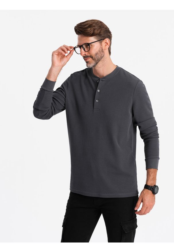 Ombre Clothing - Męski longsleeve zapinany pod szyją z dzianiny waflowej – grafitowy V3 OM-LSCL-0120 - XXL. Okazja: na co dzień. Typ kołnierza: typu henley. Kolor: szary. Materiał: dzianina. Długość rękawa: długi rękaw. Długość: długie. Styl: casual