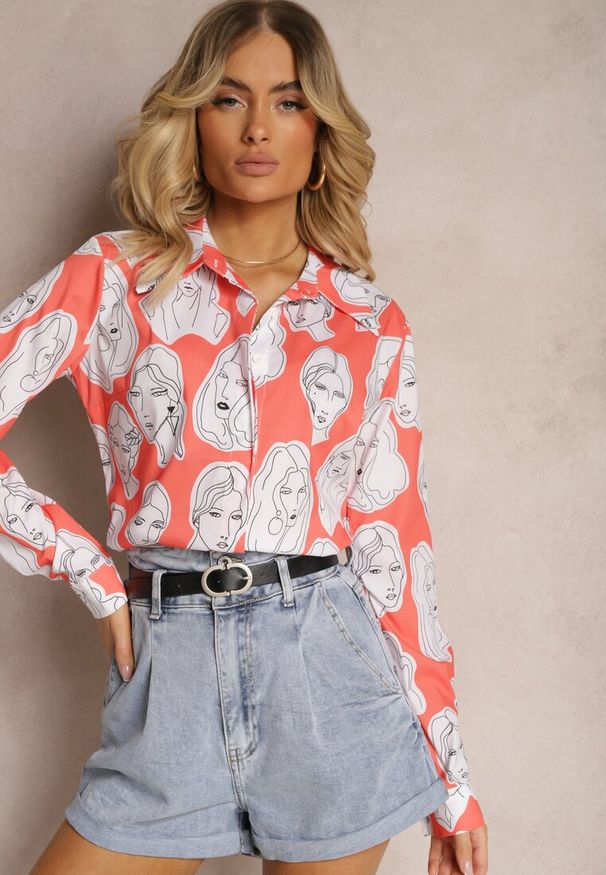 Renee - Pomarańczowa Koszula z Artystycznym Printem w Twarze Frumelia. Okazja: na co dzień, do pracy, na spotkanie biznesowe. Typ kołnierza: kołnierzyk klasyczny. Kolor: pomarańczowy. Materiał: jeans. Długość rękawa: długi rękaw. Długość: długie. Wzór: nadruk. Styl: biznesowy, klasyczny, casual, elegancki