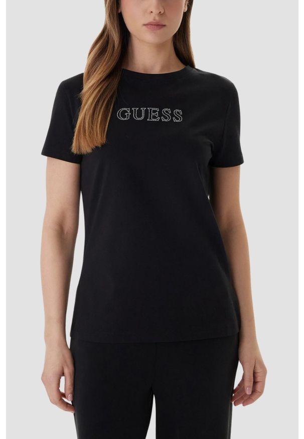 Guess - GUESS Czarny damski t-shirt na krótki rękaw z cyrkoniami Briana, Rozmiar M. Okazja: na co dzień. Kolor: czarny. Długość rękawa: krótki rękaw. Długość: krótkie. Styl: elegancki, casual