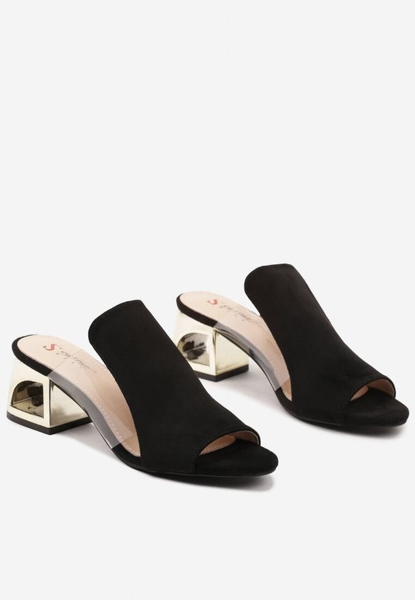 Renee - Czarne Klapki na Słupku z Wycięciem i Transparentną Cholewką Saniriel. Okazja: na co dzień. Kolor: czarny. Materiał: jeans. Obcas: na słupku. Styl: casual, elegancki. Wysokość obcasa: średni