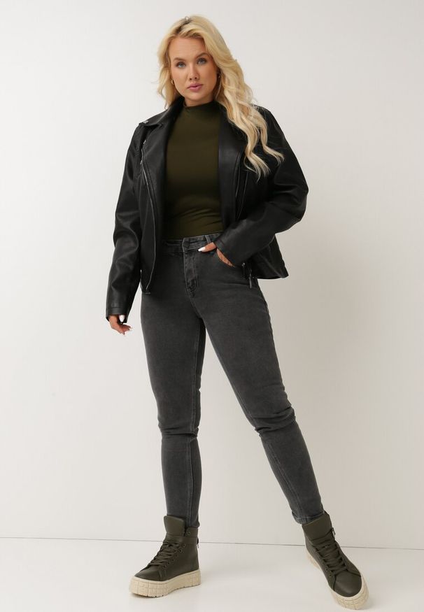Born2be - Czarna Ramoneska Lunette. Kolekcja: plus size. Kolor: czarny. Materiał: tkanina. Długość rękawa: długi rękaw. Długość: długie