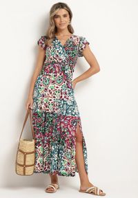 Born2be - Fioletowo-Niebieska Wiskozowa Sukienka z Gumką w Pasie i Materiałowym Paskiem w Talii Dimollia. Typ kołnierza: dekolt w kształcie V. Kolor: fioletowy. Materiał: wiskoza, materiał. Długość rękawa: krótki rękaw. Wzór: aplikacja. Sezon: lato. Styl: elegancki, klasyczny #5