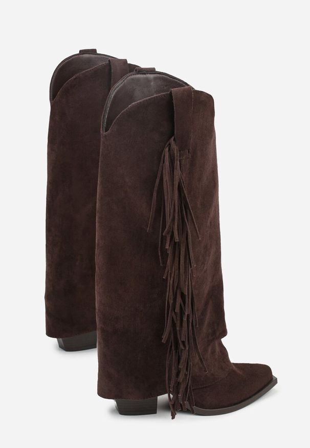 Born2be - Ciemnobrązowe Kozaki Kowbojki na Obcasie z Wywiniętą Cholewką z Frędzlami Monasatia. Okazja: do pracy. Kolor: brązowy. Materiał: dzianina, jeans. Szerokość cholewki: normalna. Wzór: aplikacja. Obcas: na obcasie. Styl: klasyczny, elegancki. Wysokość obcasa: średni