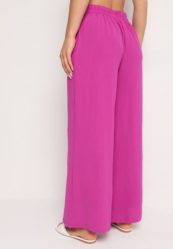 Born2be - Fioletowe Szerokie Spodnie Alladynki z Wysokim Stanem i Gumką w Talii Rissanas. Stan: podwyższony. Kolor: fioletowy. Materiał: jedwab. Wzór: aplikacja