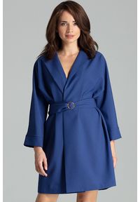 Lenitif - Sukienka typu żakiet z szerokim paskiem w talii szafirowa. Okazja: do pracy, na spotkanie biznesowe. Kolor: niebieski. Styl: elegancki, biznesowy #1
