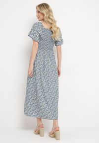 Born2be - Niebieska Bawełniana Sukienka w Kwiatki z Hiszpańskim Elastycznym Dekoltem Bleriama. Okazja: na randkę, na co dzień. Kolor: niebieski. Materiał: bawełna. Długość rękawa: krótki rękaw. Wzór: kwiaty. Styl: elegancki, casual #4