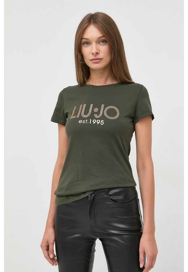 Liu Jo t-shirt bawełniany WF2303.J6308 kolor zielony. Kolor: zielony. Materiał: bawełna. Długość rękawa: krótki rękaw. Długość: krótkie. Wzór: nadruk