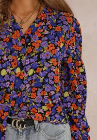 Renee - Czarno-Fioletowa Koszula Diomale. Kolor: czarny. Materiał: tkanina, materiał. Długość rękawa: długi rękaw. Długość: długie. Wzór: gładki, kwiaty, nadruk. Styl: klasyczny, elegancki #2