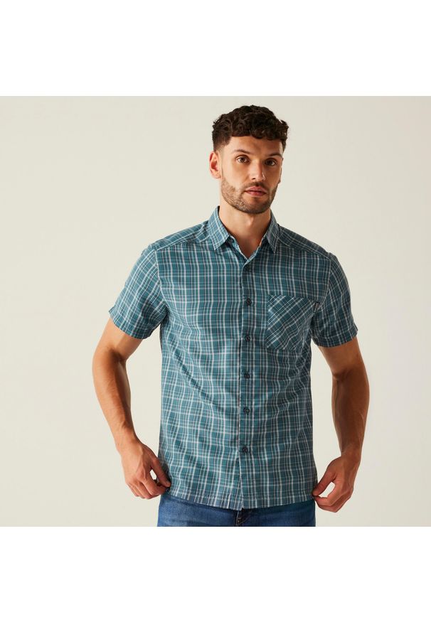 Regatta - Koszula turystyczna męska Mindano IX z krótkim rękawem. Kolor: szary. Materiał: poliester, wiskoza. Długość rękawa: krótki rękaw. Długość: krótkie. Sport: turystyka piesza