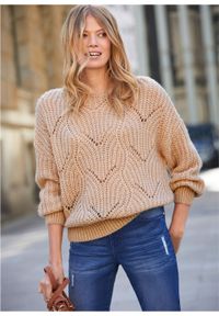 Sweter oversize w ażurowy wzór bonprix bezowy. Kolor: beżowy. Wzór: ażurowy #7