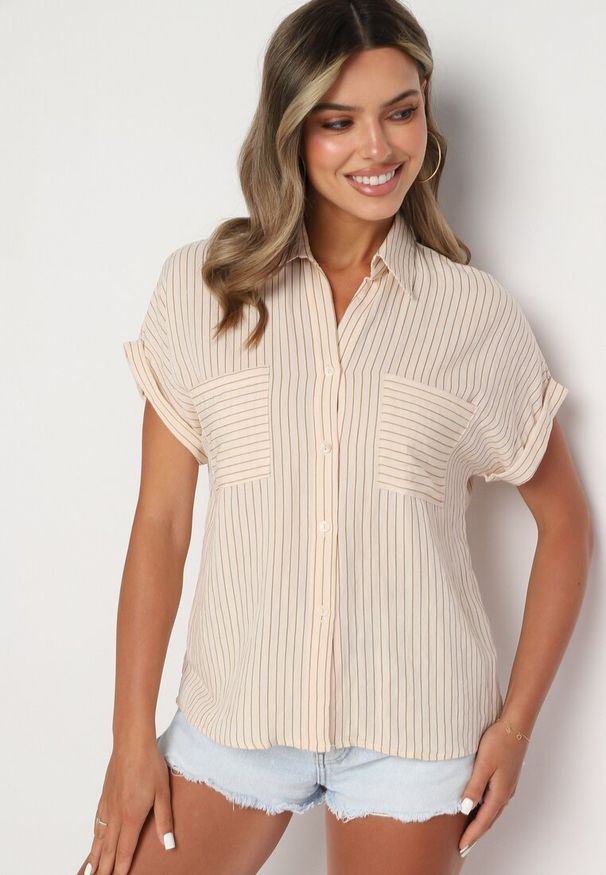 Born2be - Beżowa Koszula w Paski z Kołnierzem Vimere. Kolor: beżowy. Materiał: wiskoza. Wzór: paski. Styl: elegancki, klasyczny