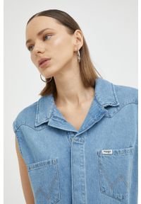 Wrangler kombinezon jeansowy kolor niebieski z dekoltem w szpic. Okazja: na co dzień. Kolor: niebieski. Materiał: jeans. Styl: casual #2