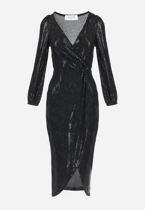 Born2be - Czarna Sukienka Kopertowa z Cekinami adicy. Kolor: czarny. Długość rękawa: długi rękaw. Typ sukienki: kopertowe. Długość: midi