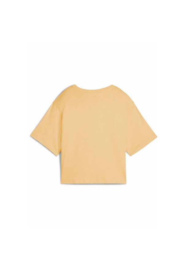 Puma - Damska luźna koszulka z logo NO.1 ESS Cropped PUMA Almost Apricot Orange. Kolor: żółty, pomarańczowy, wielokolorowy. Materiał: jeans. Wzór: nadruk
