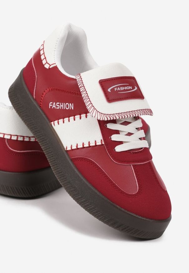 Born2be - Czerwone Sneakersy na Grubej Podeszwie z Kontrastującymi Wstawkami i Wywiniętym Językiem Mirinae. Okazja: na co dzień, na spacer. Kolor: czerwony. Materiał: jeans. Sport: turystyka piesza