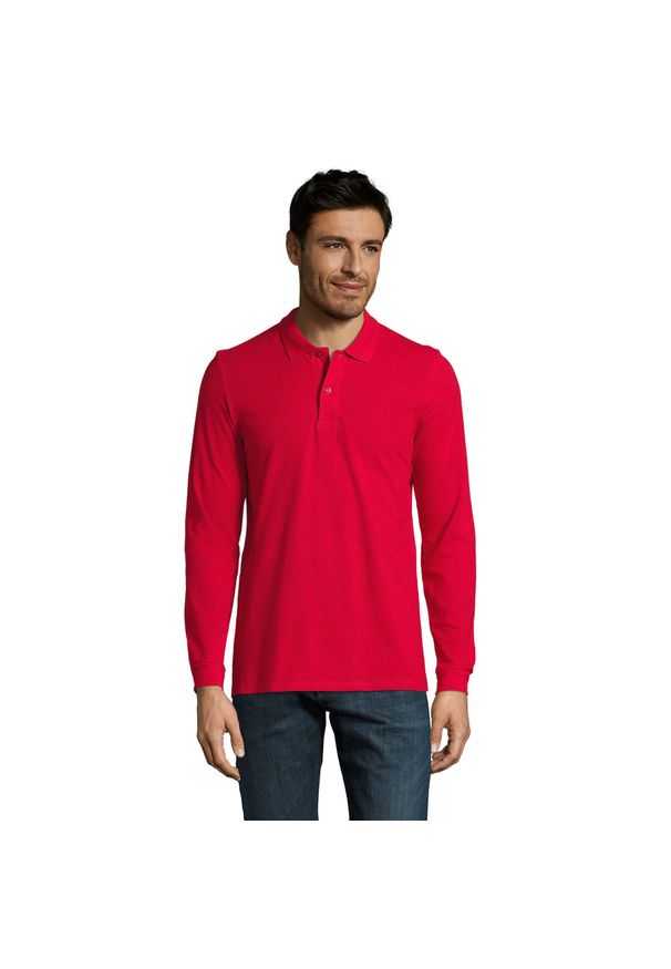SOL'S - Męska Koszulka Polo Perfect Plain Pique Z Długim Rękawem. Typ kołnierza: polo. Kolor: czerwony. Długość rękawa: długi rękaw. Długość: długie