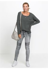 Dżinsy SKINNY w stylu biker bonprix jasnoszary denim. Kolor: szary. Materiał: bawełna, poliester, elastan, wiskoza, materiał #4