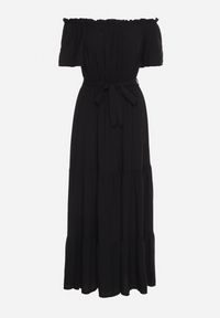 Born2be - Czarna Bawełniana Sukienka Hiszpanka z Wiskozą z Gumką i Materiałowym Paskiem w Talii Tiamanthe. Okazja: na imprezę, na co dzień. Typ kołnierza: dekolt hiszpanka. Kolor: czarny. Materiał: materiał, bawełna, wiskoza. Sezon: lato. Styl: casual, elegancki #4