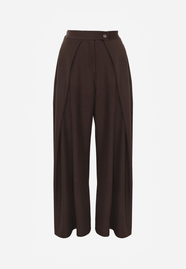 Renee - Brązowe Garniturowe Spodnie High Waist Wide Leg z Zakładkami w Pasie Philisia. Stan: podwyższony. Kolor: brązowy. Styl: elegancki
