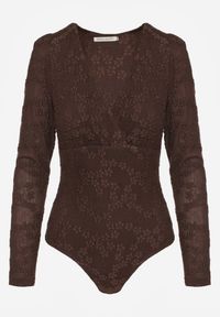 Renee - Brązowe Body Longsleeve z Kopertowym Dekoltem w Kwiatowy Print Zenneva. Typ kołnierza: dekolt w kształcie V. Kolor: brązowy. Długość rękawa: długi rękaw. Długość: długie. Wzór: nadruk, kwiaty #6