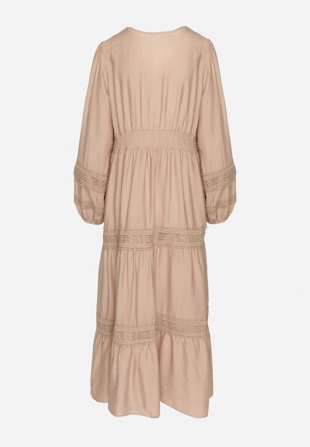 Born2be - Ciemnobeżowa Sukienka z Wiskozy o Rozkloszowanym Kroju z Koronkowymi Wstawkami Gonessae. Okazja: na co dzień. Typ kołnierza: dekolt w kształcie V. Kolor: beżowy. Materiał: wiskoza, koronka. Styl: casual, elegancki, klasyczny